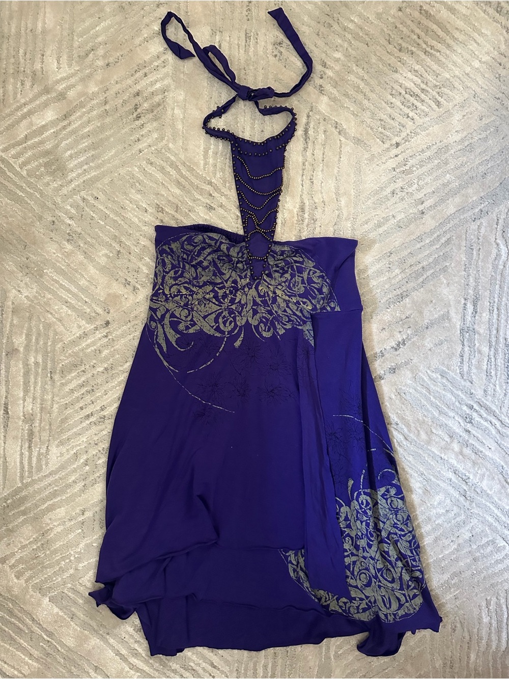 Vintage (2008) Free People Purple Strapless Beaded Halter Dress w/ Floral Accent